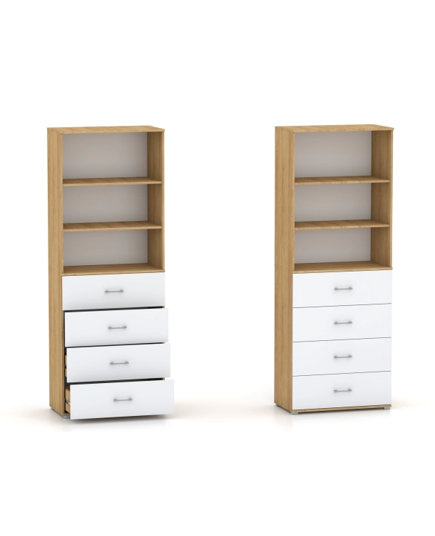 Regał Szafa POLA 215 4S3P - 4 szer. Biały mat połyk. Hikora Naturalna